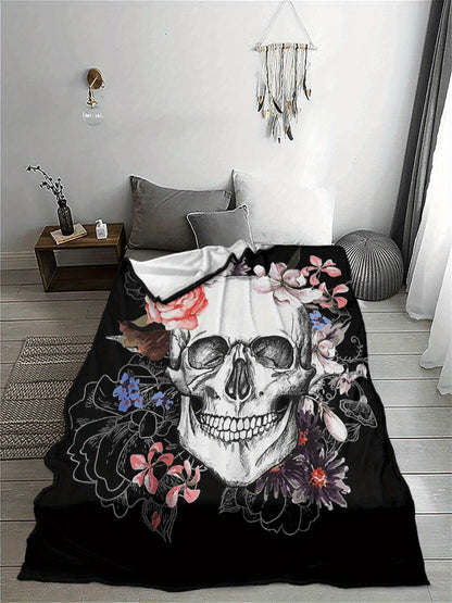 Skull & Floral Flannel Throw - Light Beige Gothic Blanket, Soft All-Season for Sofa Bed, Washable Home Decor