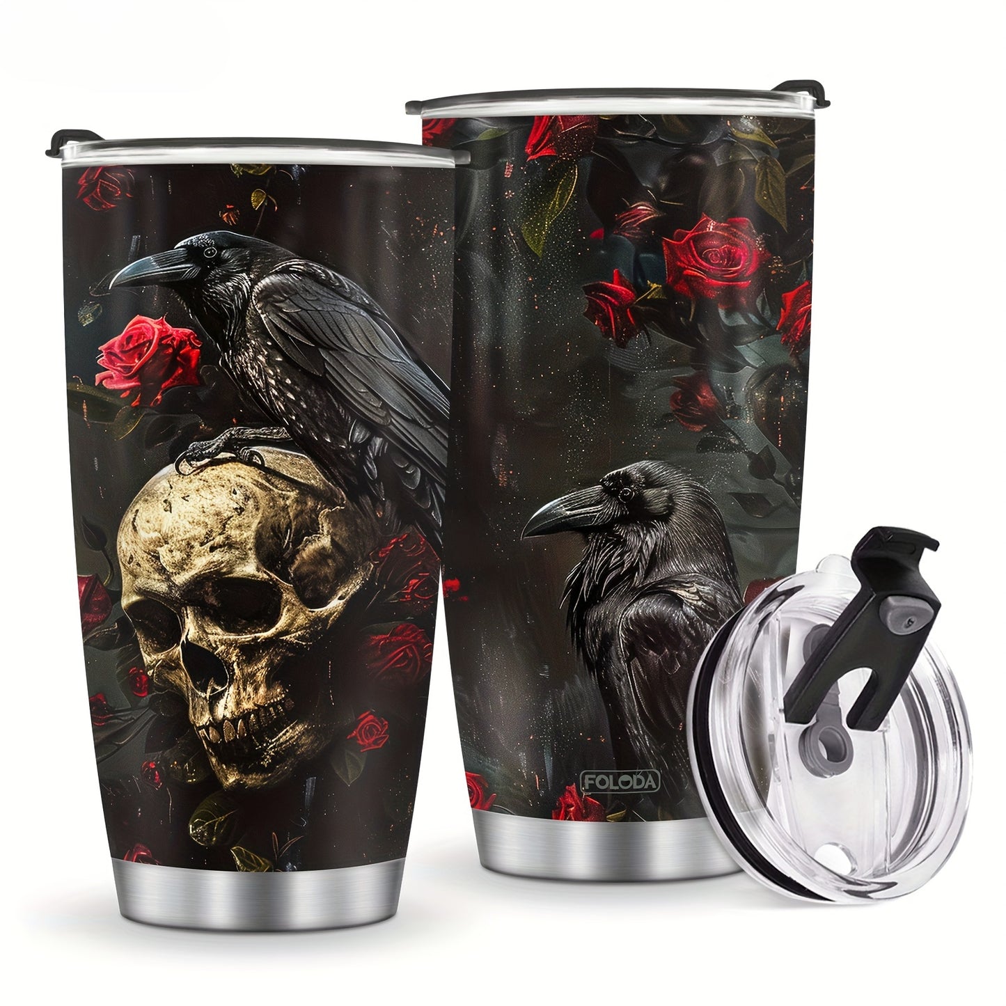 Gothic Skull & Raven Tumbler - 20oz Stainless Steel Insulated Travel Mug, BPA-Free & Hand Wash - Perfect Gift for Halloween, Christmas, Day of the Dead, Goth Lovers