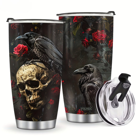 Gothic Skull & Raven Tumbler - 20oz Stainless Steel Insulated Travel Mug, BPA-Free & Hand Wash - Perfect Gift for Halloween, Christmas, Day of the Dead, Goth Lovers