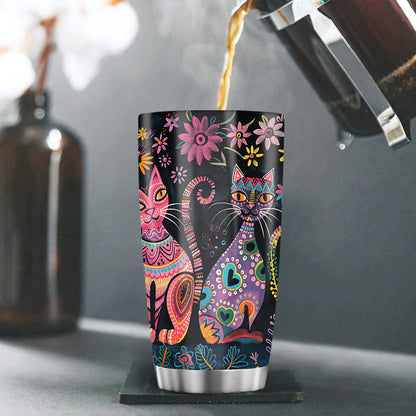 Sculptural Cat Tumbler - 20oz Brushed Steel Travel Mug with Handle, Artisanal Gift for Cat Lovers, Durable & Stylish for All Seasons