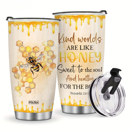 Bee Kind Tumbler 20oz - Inspirational 'Words Are Like Honey' Bee Lover Gift, Bible Verse Proverbs 16:24, Stainless Steel with Lid, Christian Gift for Women & Girls