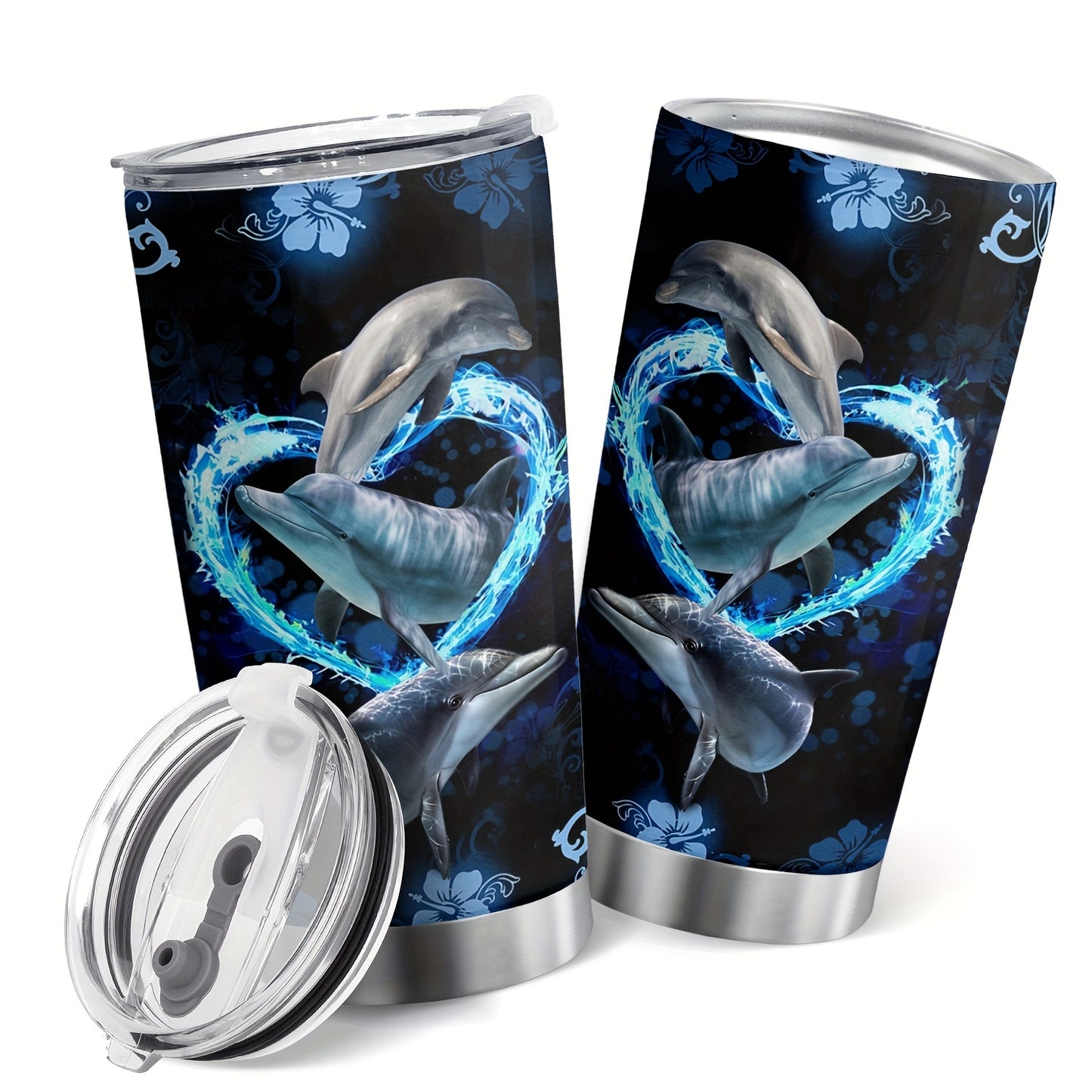 Ocean’s Embrace Dolphin Tumbler – 20oz Stainless Steel with Heart Design, Whimsical Gift for Dolphin Lovers