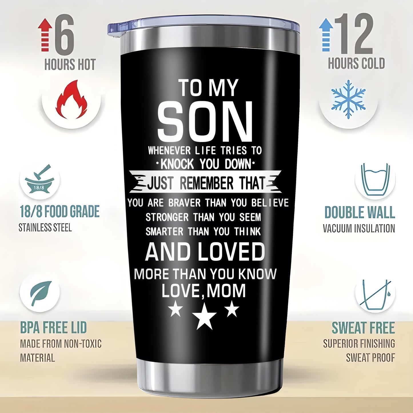 "Whenever Life Knocks You Down" Tumbler for Son - 20oz Inspirational Quote Stainless Steel Cup | Motivational Gift for Birthday, Mother‘s Day & Back to School