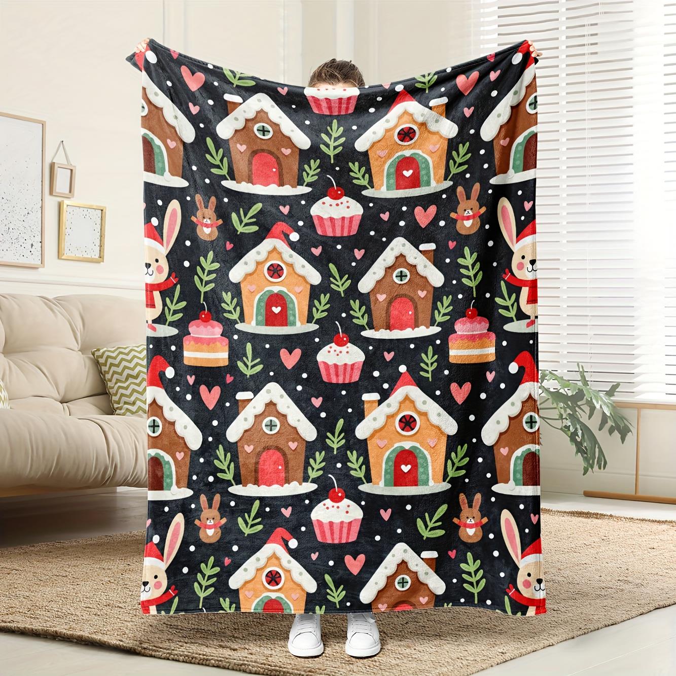 Christmas Cabin & Gingerbread House Flannel Blanket - Cozy Snow Print, Machine Washable Sofa Bed Throw & Gift