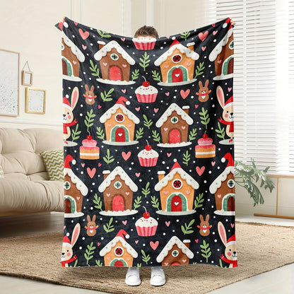 Christmas Cabin & Gingerbread House Flannel Blanket - Cozy Snow Print, Machine Washable Sofa Bed Throw & Gift