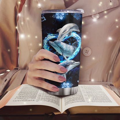 Ocean’s Embrace Dolphin Tumbler – 20oz Stainless Steel with Heart Design, Whimsical Gift for Dolphin Lovers