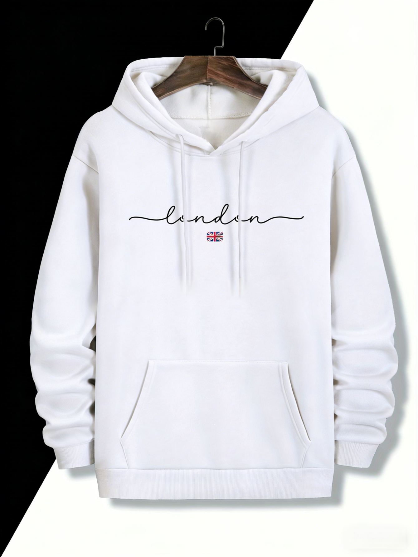 British Typography Hoodie - UK Flag & London Skyline Letter Graphic | Men‘s Oversized Streetwear with Kangaroo Pocket
