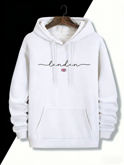 British Typography Hoodie - UK Flag & London Skyline Letter Graphic | Men‘s Oversized Streetwear with Kangaroo Pocket