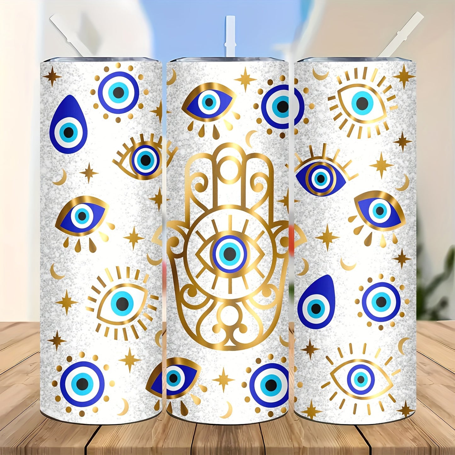 Hamsa & Evil Eye Tumbler 20oz - Stainless Steel Vacuum Insulated Cup with Straw | Protective Symbol Design, Keeps Drinks Hot/Cold, Perfect Travel Gift
