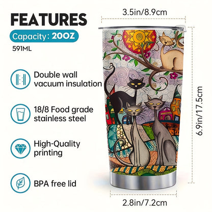 Wearable Feline Art Tumbler - 20oz Gallery-Worthy Print on Insulated Stainless Steel, A Vibrant Gift for Connoisseurs & Cat Lovers