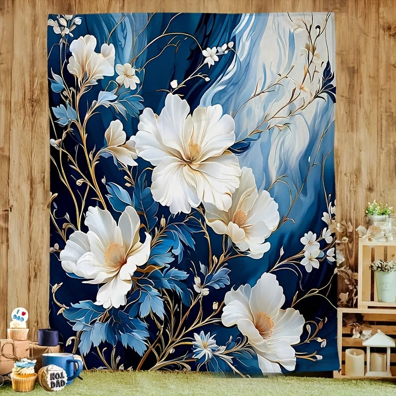 Navy Blue & White Magnolia Flannel Blanket - Classic Botanical Print Throw, Soft Polyester All-Season for Sofa, Office, Cozy Elegant Home Decor Gift