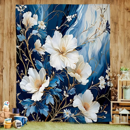 Navy Blue & White Magnolia Flannel Blanket - Classic Botanical Print Throw, Soft Polyester All-Season for Sofa, Office, Cozy Elegant Home Decor Gift