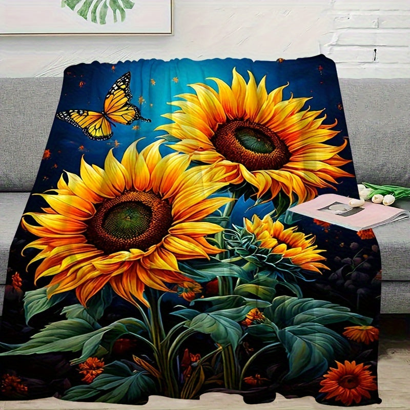 Sunflower & Butterfly Flannel Throw - Joyful Garden Print Blanket, Soft & Cozy Multi-Use Gift for Family, Friends, Home, Camping & Outdoor Adventures