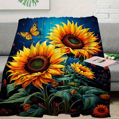 Sunflower & Butterfly Flannel Throw - Joyful Garden Print Blanket, Soft & Cozy Multi-Use Gift for Family, Friends, Home, Camping & Outdoor Adventures