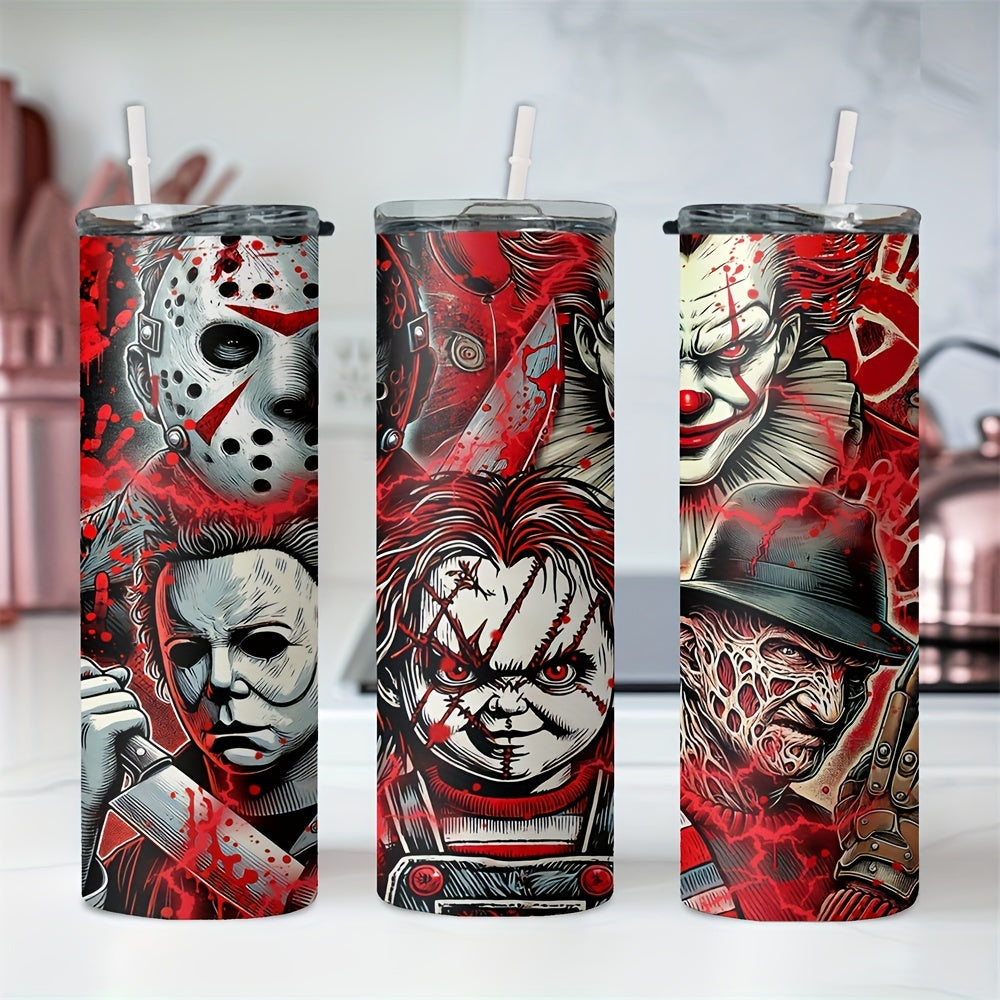 Insulated Stainless Steel Tumbler with Lid (20oz) - Features Michael Myers, Jason, Chucky - Perfect for Cold & Hot Drinks, Halloween Gift