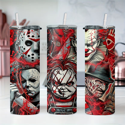 Insulated Stainless Steel Tumbler with Lid (20oz) - Features Michael Myers, Jason, Chucky - Perfect for Cold & Hot Drinks, Halloween Gift